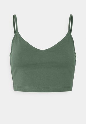 Grünes, kurzes Camisole-Top mit dünnen, verstellbaren Trägern und V-Ausschnitt, hergestellt aus weichem Stoff.
