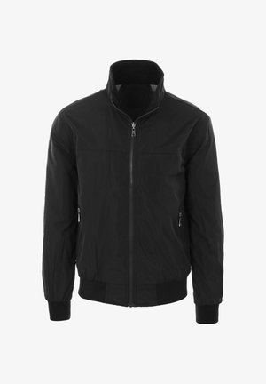 Giacca leggera nera con zip, collo alto, tasche laterali con zip, polsini elasticizzati e orlo elasticizzato su sfondo bianco.