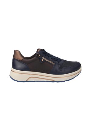 Baskets en cuir bleu marine avec un panneau marron foncé, détail de fermeture éclair et semelle crème. Présente un tissu texturé et des lacets ton sur ton. Forme athlétique standard.
