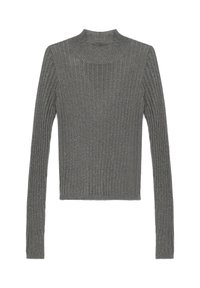 Gray ribbed turtleneck sweater featuring long sleeves and a textured finish, designed with a fitted silhouette and subtle shimmer.