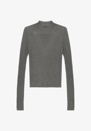 Gray ribbed turtleneck sweater featuring long sleeves and a textured finish, designed with a fitted silhouette and subtle shimmer.