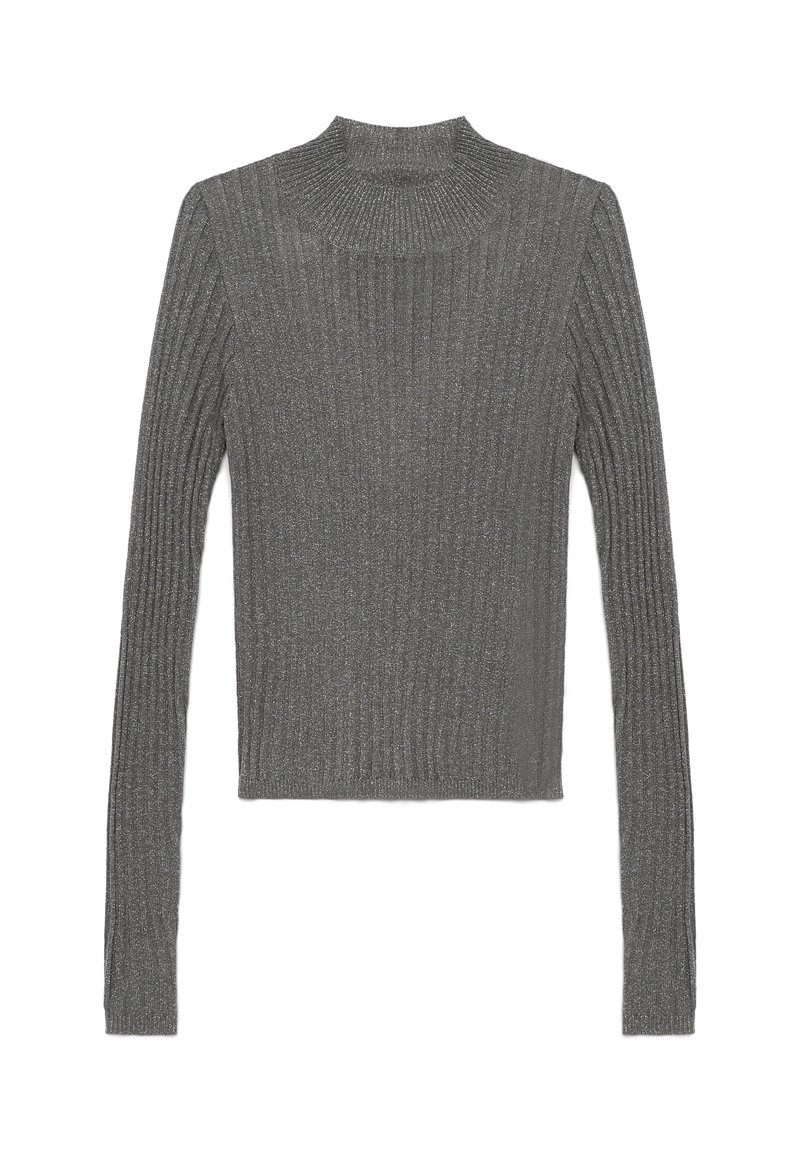Gray ribbed turtleneck sweater featuring long sleeves and a textured finish, designed with a fitted silhouette and subtle shimmer.