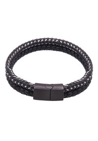 Bracciale in pelle intrecciata nera con cuciture argentate, dotato di una chiusura a fermaglio nera opaca. Design resistente con una superficie liscia.