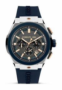 Reloj Cerruti 1881 con correa de goma azul marino, caja de acero inoxidable plateada, esfera gris oscuro, detalles en tono dorado y subesferas multifunción.