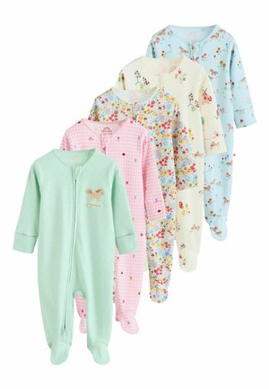 Five assorted baby footed pajamas in pastel green, pink gingham, floral, cream with animals, and blue with horses and flowers.