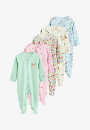 Viis erinevat beebide jalaga öösärki pastelselt rohelises, roosas ruudulises, lillemustris, loomadega kreemjas ning sinises hobuste ja lilledega.