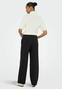 Kreemikas lühikeste varrukatega kõrge kaelusega kampsun, mida kantakse koos mustade laiade pükstega. Pükstel on elastne vöökoht ja küljetaskud.