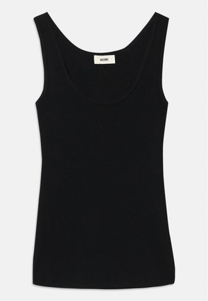 Black tank top made of soft fabric with a scoop neckline and wide shoulder straps. Features a fitted shape and clean, seamless design.