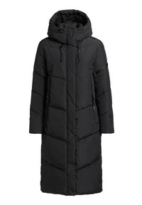 Schwarzer Puffercoat mit Kapuze, ausgestattet mit gestepptem Design, langen Ärmeln, Kordelzugakzenten und Druckknöpfen an der Seite.