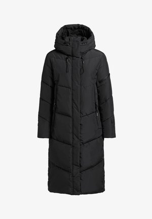 Črna pufa jakna s kapuco, s kvadratnim vzorcem, dolgimi rokavi, z vrvico in s pritrdilnimi gumbi ob strani.