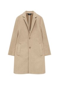 Cappotto beige in misto lana con rever a lancia, chiusura con un bottone singolo e due tasche anteriori. Sagoma dritta e tessuto morbido.