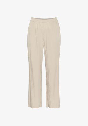 Pantaloni beige leggeri a gamba larga realizzati in un tessuto testurizzato, con una vita elastica e senza chiusure visibili.