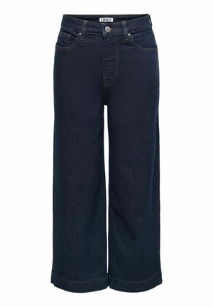 Jeans en denim bleu foncé à jambes larges avec bouton frontal, fermeture éclair, passants pour ceinture et poches avant, étiquetés "ONLY" sur la ceinture.