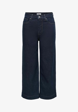 Jeans en denim bleu foncé à jambes larges avec bouton frontal, fermeture éclair, passants pour ceinture et poches avant, étiquetés "ONLY" sur la ceinture.