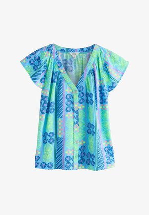 Koszula na krótki rękaw z guzikami w żywym niebieskim kolorze z zielonymi i różowymi wzorami, zawierająca wiry i motywy kwiatowe. Lekki materiał o luźnym kroju.