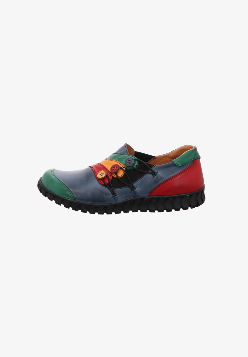 Multicolored leather shoe featuring a round toe, elastic cords, and decorative buttons in red, yellow, and green on a black base.