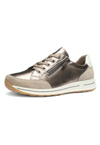 Women's low-top sneaker with metallic bronze and beige suede panels, lace-up front, side zipper, white sole, and gum outsole.
