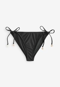 Črne bikini hlačke z vezalkami na vsaki strani, okrašene z majhnimi dekorativnimi školjkami. Gladka tkanina s klasičnim krojem.