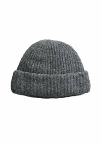 Berretto lavorato a maglia grigio in lana, con una texture a coste e un design con risvolto. Finitura liscia con una leggera lucentezza.