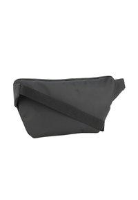 Marsupio nero con una tracolla diagonale, caratterizzato da un design elegante e una superficie liscia, adatto per uso quotidiano o all'aperto.