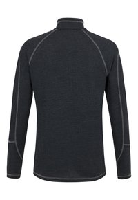 Maglia a maniche lunghe grigio scuro con colletto alto, caratterizzata da maniche raglan e cuciture chiare a contrasto lungo le spalle e i lati.