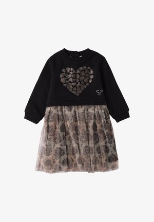 Czarna sukienka z długim rękawem, zdobiona migoczącym wzorem serca oraz warstwową, beżową spódnicą z tiulu w ciemne wzory serc.