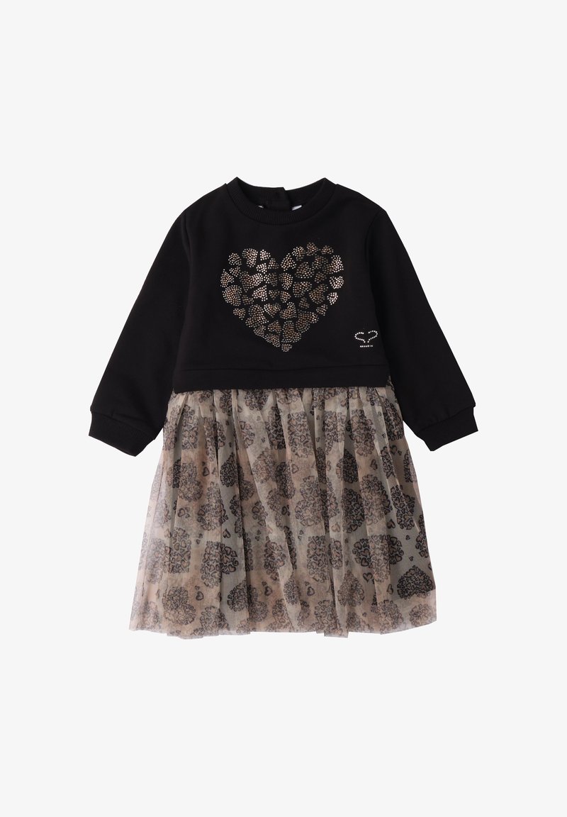 Vestido de sudadera negro con un diseño de corazón brillante y una falda de tul beige en capas con patrones de corazones oscuros. Mangas largas.