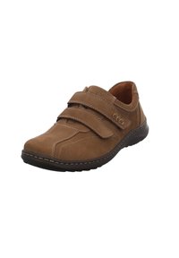 Brown suede shoes with two Velcro straps, rounded toe, contrasting stitching, and a flexible black rubber sole.