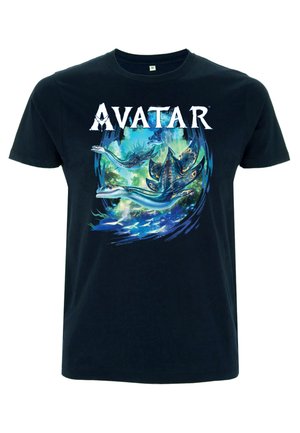 Zwart katoenen T-shirt met een kleurrijk grafisch ontwerp van onderwater scènes en wezens, met "AVATAR" in dikke witte letters bedrukt.