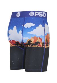 Męskie bokserki z nadrukiem niebiesko-pomarańczowego pustynnego krajobrazu z czarnymi sylwetkami koni. Wykonane z elastycznej tkaniny, z fioletowym pasem w talii.