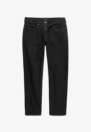 Czarne jeansy o dopasowanym kroju, z przednimi kieszeniami, częściowo rozpiętym suwakiem i metalowym guzikiem, ułożone na płasko na białym tle.