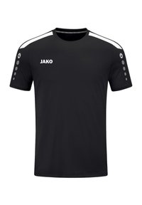Schwarzes Sport-T-Shirt aus leichtem Stoff. Verfügt �über einen Rundhalsausschnitt, weiße Schulterakzente und graue kreisförmige Akzente an den Ärmeln.