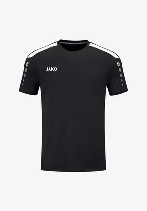 Schwarzes Sport-T-Shirt aus leichtem Stoff. Verfügt über einen Rundhalsausschnitt, weiße Schulterakzente und graue kreisförmige Akzente an den Ärmeln.