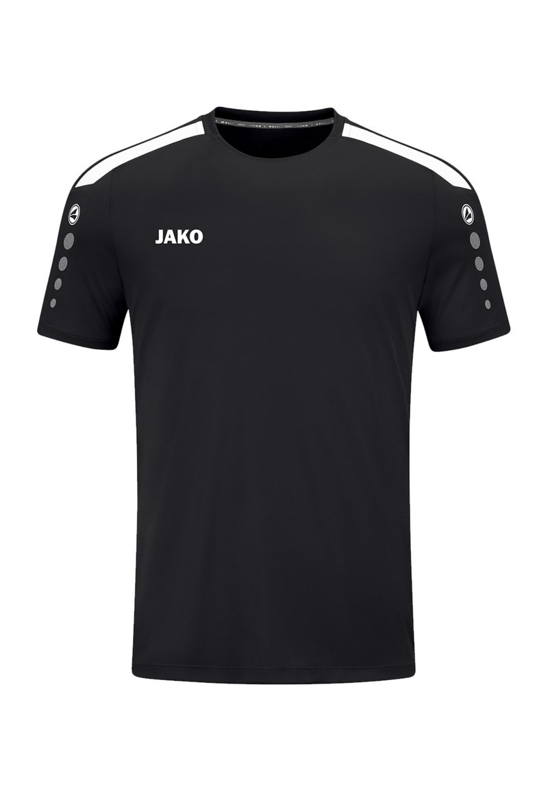 Schwarzes Sport-T-Shirt aus leichtem Stoff. Verfügt über einen Rundhalsausschnitt, weiße Schulterakzente und graue kreisförmige Akzente an den Ärmeln.