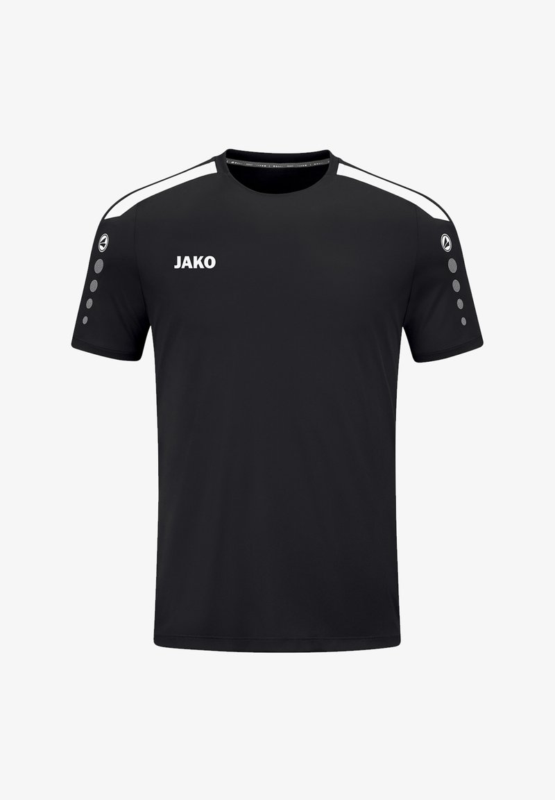 Schwarzes Sport-T-Shirt aus leichtem Stoff. Verfügt über einen Rundhalsausschnitt, weiße Schulterakzente und graue kreisförmige Akzente an den Ärmeln.