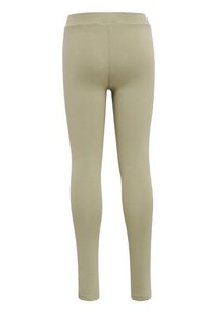 Lichtgroene leggings met een gladde textuur, een aansluitend ontwerp en een elastische tailleband. Geen zichtbare naden of patronen.