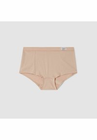 Beige hipsterundertøj lavet af blødt stof med en glat tekstur. Har en bred taljeelastik og diskrete stikninger.