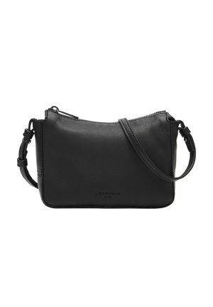 Schwarze Leder-Crossbody-Tasche mit glatter Textur, rechteckiger Form, verstellbarem Riemen und Reißverschluss. Mit eingeprägtem Markenlogo.