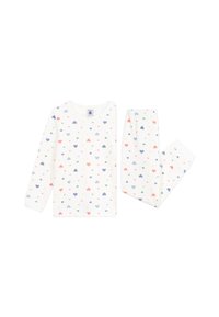 Pigiama a maniche lunghe di colore crema con motivi a cuori colorati; presenta polsini e vita elastici per il massimo comfort. Tessuto morbido e traspirante.