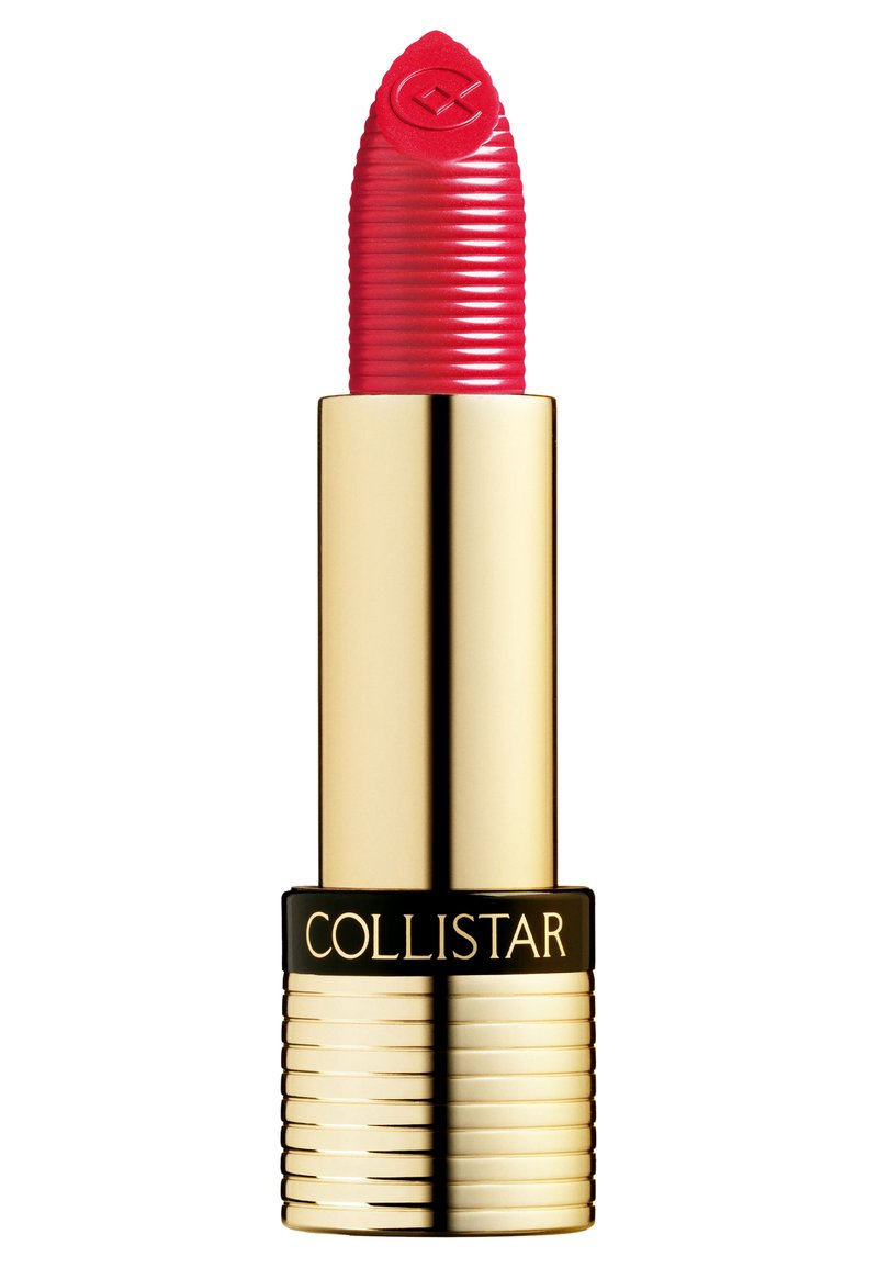 Red lipstick with ribbed texture, presented in a gold metal tube. The base features a black section with "COLLISTAR" engraved.