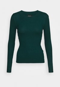 Morski, prążkowany sweter z długim rękawem, okrągłym dekoltem, dopasowanym krojem i teksturowaną tkaniną. Posiada subtelne boczne zdobienia.