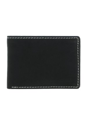 Portefeuille en cuir noir avec des coutures blanches le long des bords et un logo embossé subtil en bas à droite.