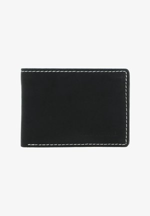 Black leather wallet with white stitching along edges and subtle embossed brand name on lower right corner.