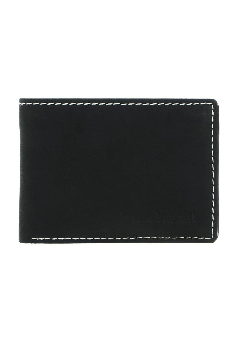 Black leather wallet with white stitching along edges and subtle embossed brand name on lower right corner.