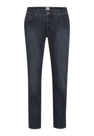 Dunkelblaue Denim-Jeans im Slim-Fit, mit fünf Taschen, Knopfverschluss und subtiler Ausbleichung. Gerades Bein und minimale Nähedetails.