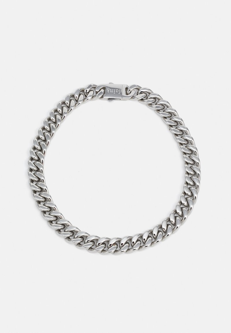 Polished silver thick curb chain necklace with a rectangular clasp engraved with the word "Palm".