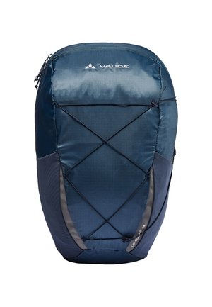 Dunkelblauer Rucksack mit einem eleganten Design, gefertigt aus strukturiertem Stoff. Verfügt über einen Kordelzugverschluss und ein überkreuztes elastisches Bungee-Seil auf der Vorderseite.