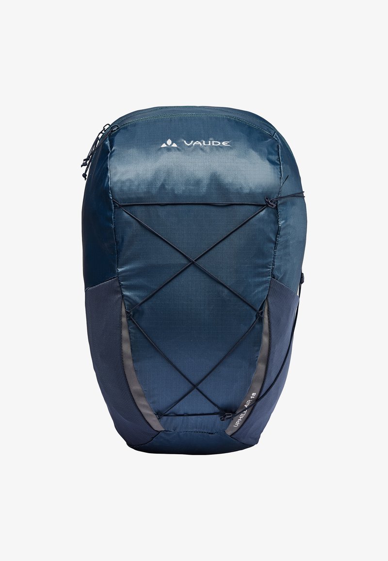 Sac à dos bleu marine avec un design épuré, fabriqué en tissu texturé. Il possède une fermeture à cordon de serrage et un cordon élastique en croix à l'avant.