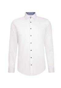 Witte herenoverhemd met lange mouwen, zwarte knopen en een bloemenpatroon aan de binnenkant van de kraag, tentoongesteld op een effen witte achtergrond.