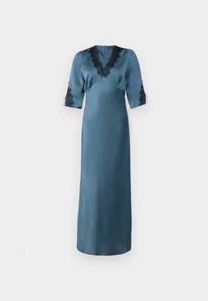 Long teal dress in smooth satin, features a V-neck with black lace trim and quarter-length sleeves with lace accents. Simple design.